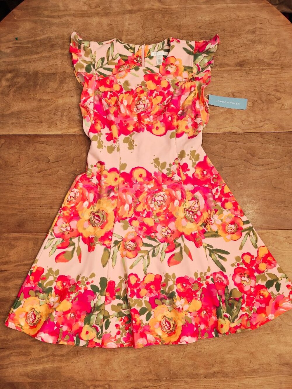 London Times Multi-Color Floral Ruffle-Sleeve Dress Size 6